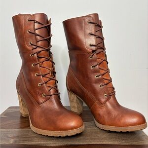 Timberland Chestnut Leather Lace-Up Block Heel Boots - Women's